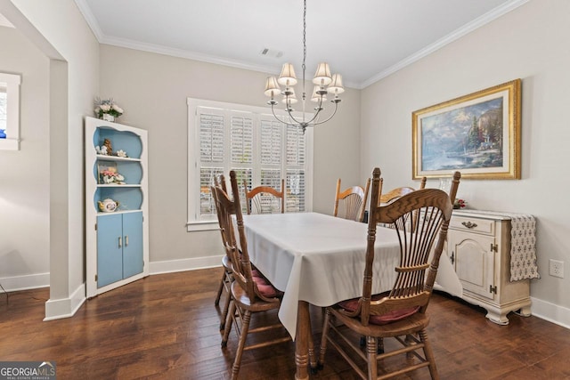 dining room featuring dark wood finished floors, an inviting chandelier, visible vents, and ornamental molding