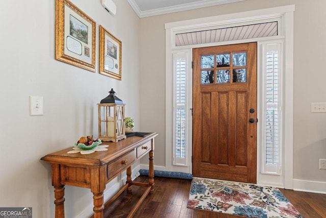 entryway with baseboards, ornamental molding, and dark wood finished floors