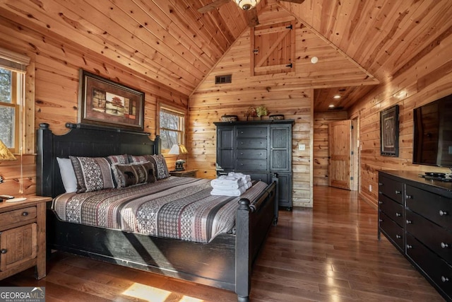 bedroom featuring wood ceiling and wood walls