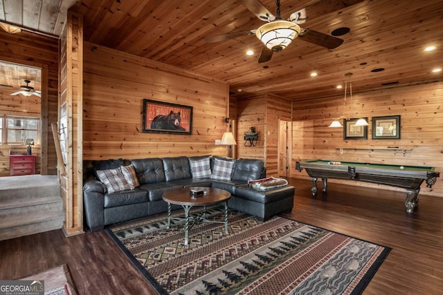 living area featuring pool table, wood finished floors, wood ceiling, and a ceiling fan