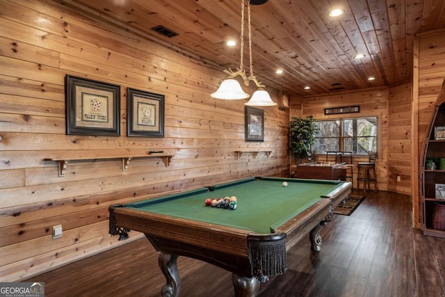 recreation room with wood ceiling, wood finished floors, and billiards