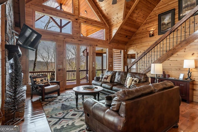 living area with hardwood / wood-style flooring, plenty of natural light, wooden ceiling, and wood walls