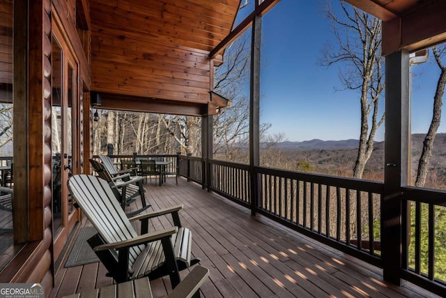 wooden deck with a mountain view