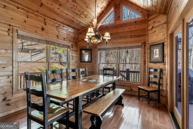 dining area featuring an inviting chandelier, wooden walls, and wood ceiling