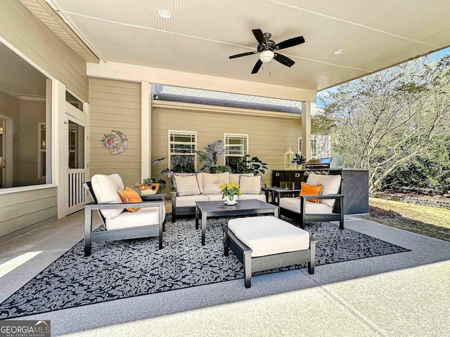 view of patio featuring an outdoor living space, a grill, and ceiling fan