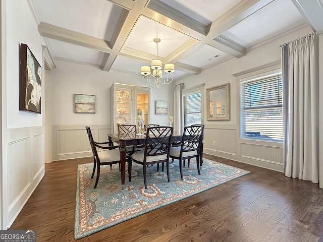 dining space featuring coffered ceiling, beam ceiling, a notable chandelier, and dark wood-type flooring