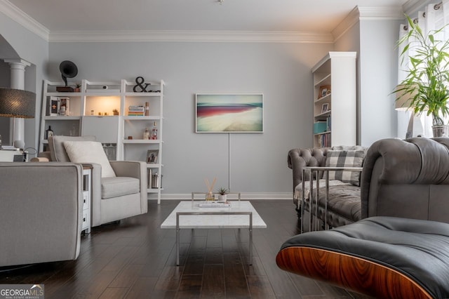 living area with baseboards, dark wood-type flooring, crown molding, and ornate columns