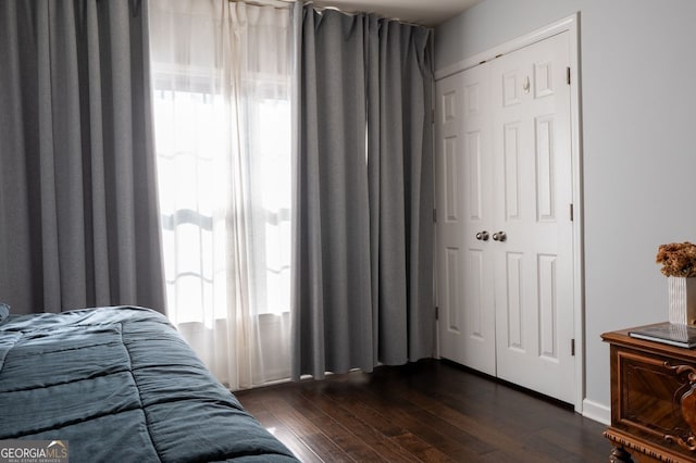 bedroom featuring a closet and dark wood-type flooring