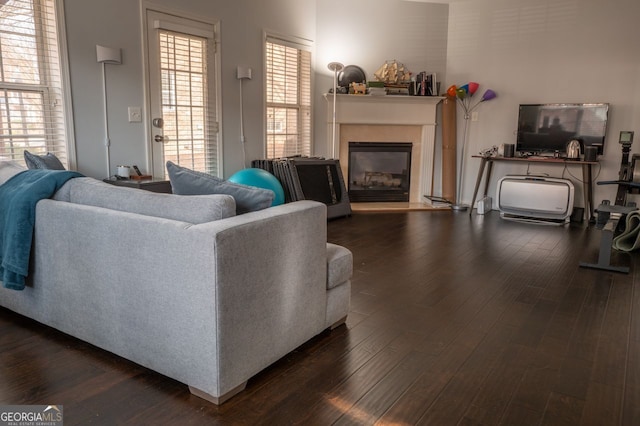 living room featuring dark wood finished floors and a glass covered fireplace