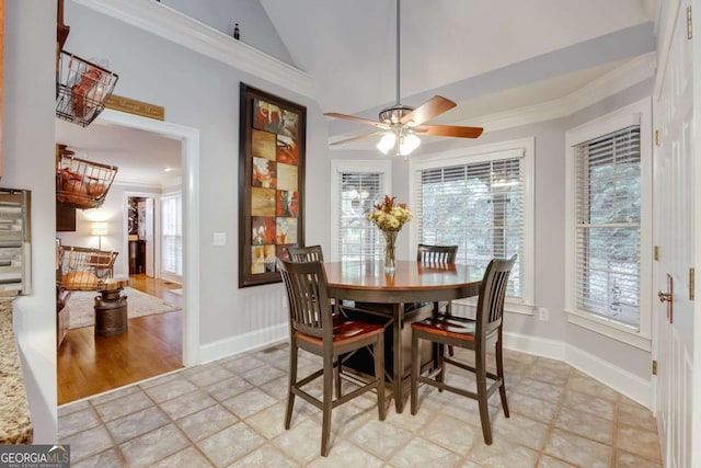 dining area featuring plenty of natural light, stairway, ceiling fan, and ornamental molding