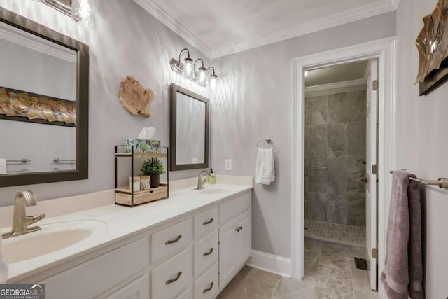 full bath featuring a sink, ornamental molding, and double vanity