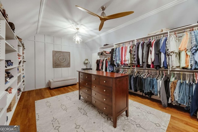 spacious closet featuring wood finished floors, a ceiling fan, and vaulted ceiling