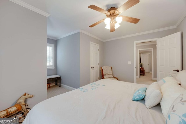 bedroom featuring light carpet, crown molding, and baseboards