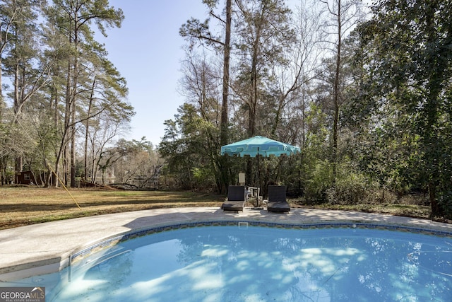 view of pool featuring a yard
