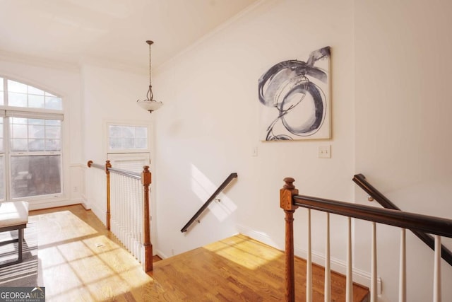 stairway featuring crown molding and wood finished floors