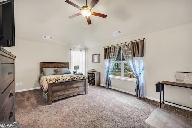 carpeted bedroom with visible vents, baseboards, a ceiling fan, and vaulted ceiling