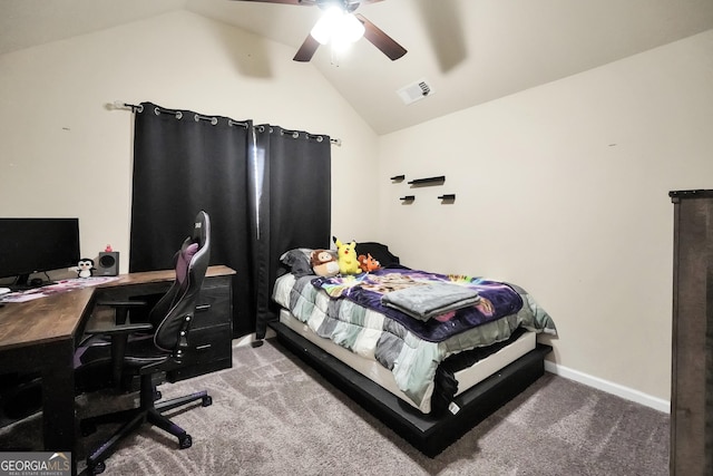 carpeted bedroom featuring vaulted ceiling, baseboards, visible vents, and ceiling fan