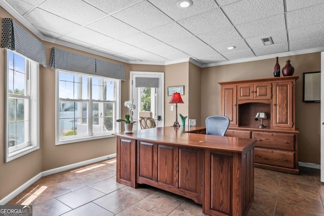 home office featuring visible vents, crown molding, baseboards, and a drop ceiling