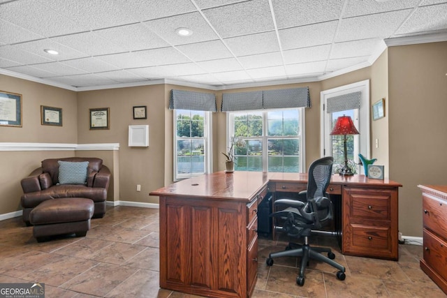 office featuring recessed lighting, baseboards, a drop ceiling, and ornamental molding