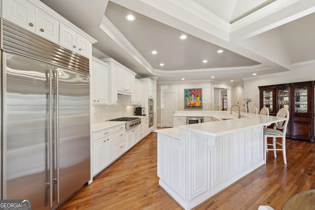 kitchen featuring a breakfast bar area, a tray ceiling, appliances with stainless steel finishes, light wood-style floors, and a sink