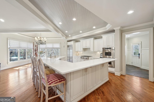 kitchen featuring stainless steel appliances, a kitchen bar, a raised ceiling, tasteful backsplash, and light wood-type flooring