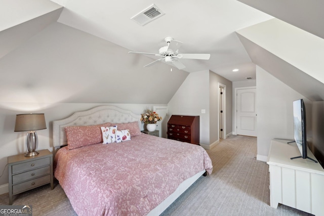 bedroom featuring baseboards, visible vents, lofted ceiling, ceiling fan, and carpet flooring