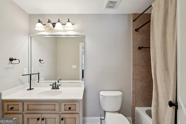 bathroom featuring visible vents, shower / bathtub combination with curtain, toilet, and vanity