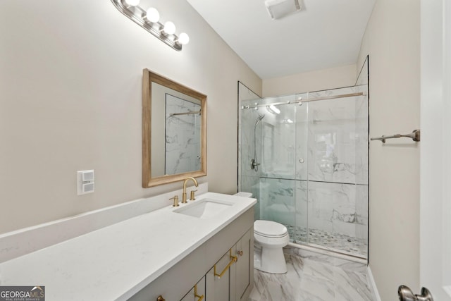 full bath featuring a marble finish shower, visible vents, toilet, marble finish floor, and vanity