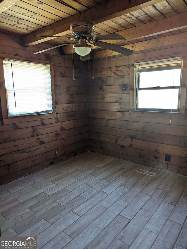 spare room with beamed ceiling, wood walls, wooden ceiling, and a ceiling fan