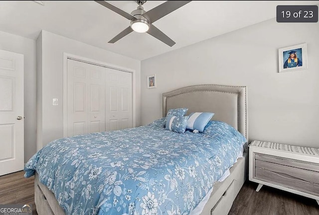 bedroom with wood finished floors, a closet, and ceiling fan