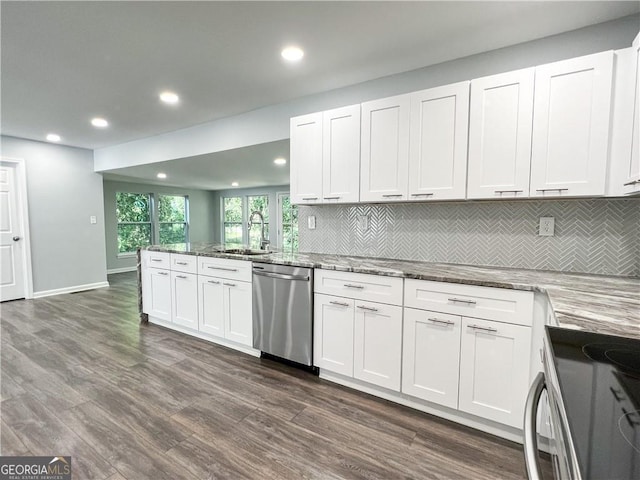 kitchen with stainless steel dishwasher, decorative backsplash, dark wood-type flooring, and a sink