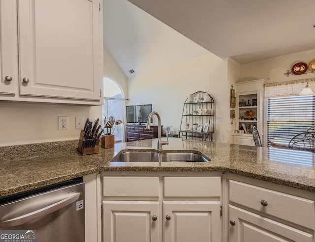 kitchen featuring a sink, stone countertops, dishwasher, and white cabinetry