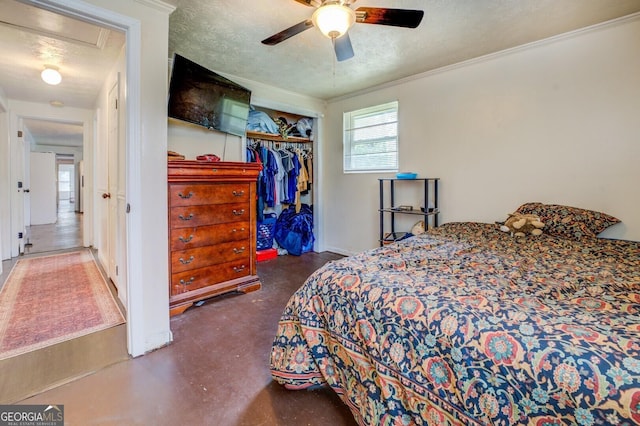 10174 Twin Oaks Dr SW, Covington, GA 30014 - bedroom featuring concrete floors, a closet, crown molding, and a ceiling fan