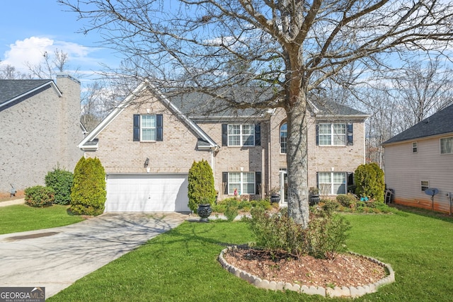 view of front of property featuring brick siding, an attached garage, concrete driveway, and a front yard