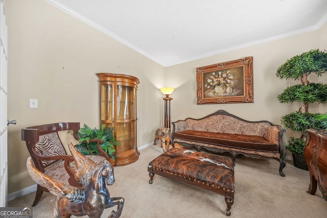 living area with carpet flooring, baseboards, crown molding, and lofted ceiling