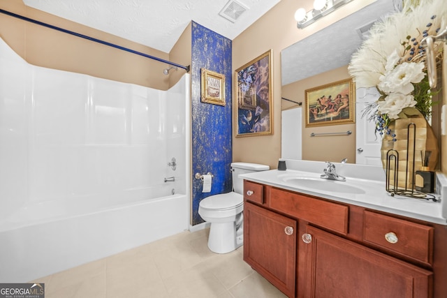 bathroom with vanity, visible vents, a textured ceiling, shower / bathing tub combination, and toilet