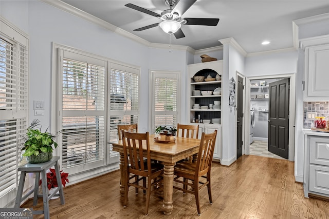 dining area with ceiling fan, recessed lighting, light wood finished floors, and ornamental molding