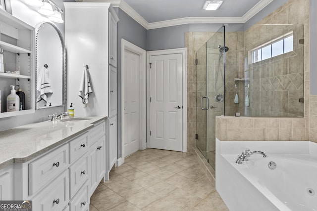 bathroom with a stall shower, ornamental molding, a whirlpool tub, tile patterned flooring, and vanity