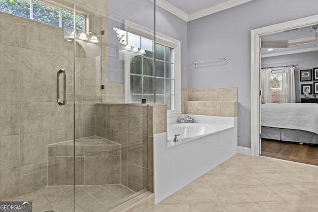 full bath with a stall shower, a garden tub, ensuite bath, and crown molding