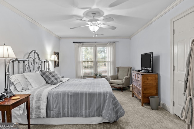 bedroom featuring visible vents, light colored carpet, a ceiling fan, and ornamental molding