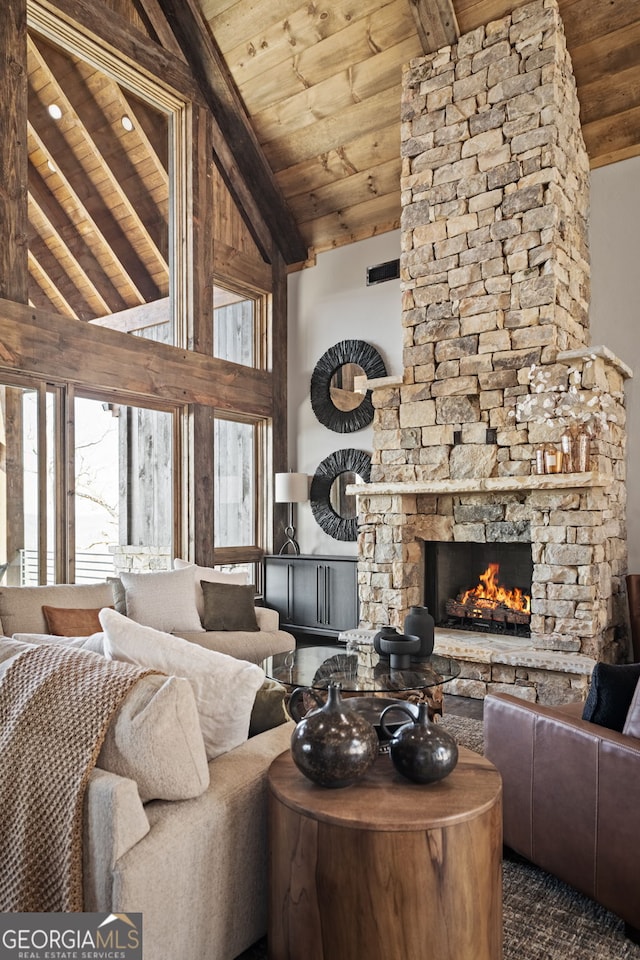 living area with wooden ceiling, a fireplace, visible vents, and high vaulted ceiling