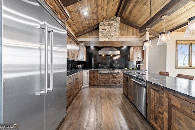 kitchen featuring wooden ceiling, appliances with stainless steel finishes, wall chimney exhaust hood, and a sink