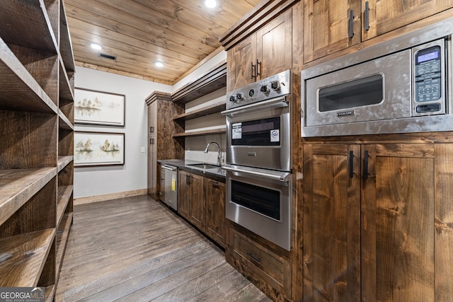 kitchen with open shelves, a sink, wood ceiling, appliances with stainless steel finishes, and dark countertops