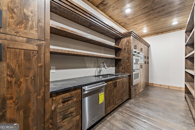 kitchen featuring wood finished floors, open shelves, stainless steel appliances, a sink, and wood ceiling