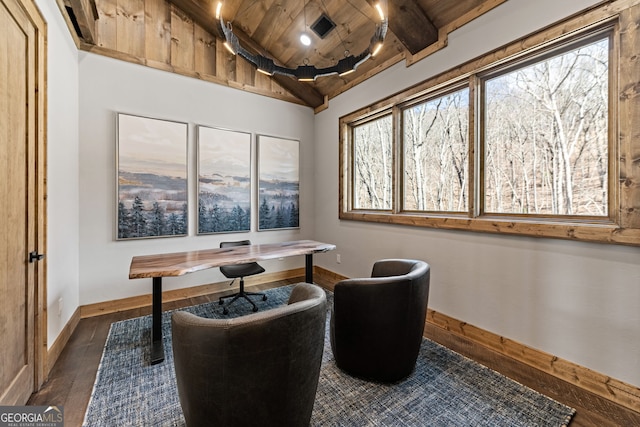 office space with vaulted ceiling with beams, wood ceiling, dark wood-type flooring, and baseboards