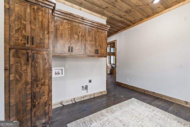 washroom with hookup for a washing machine, dark wood-style floors, cabinet space, electric dryer hookup, and wood ceiling