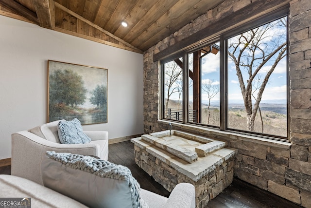 living area featuring wood ceiling, dark wood-type flooring, baseboards, and vaulted ceiling