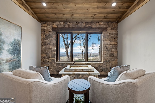 sitting room with recessed lighting, wood ceiling, and vaulted ceiling