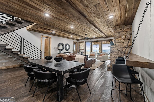 dining room featuring recessed lighting, stairway, wooden ceiling, and dark wood-style flooring