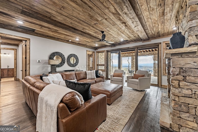 living room featuring a ceiling fan, wood finished floors, recessed lighting, and wood ceiling